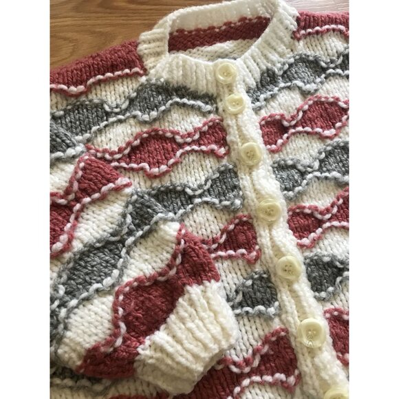 Handmade Kids Button-Up Sweater Whimsical Waves Design Cozy Wool & Acrylic Sm - Picture 7 of 11